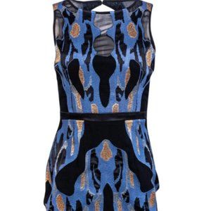 Reiss Sleeveless Mesh Black & Blue Swirl Sheath Dress